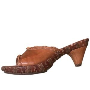 DOMANI Vintage Leather Open Toe Mule Chunky Heel,Prominent Canvas Rope Stitching